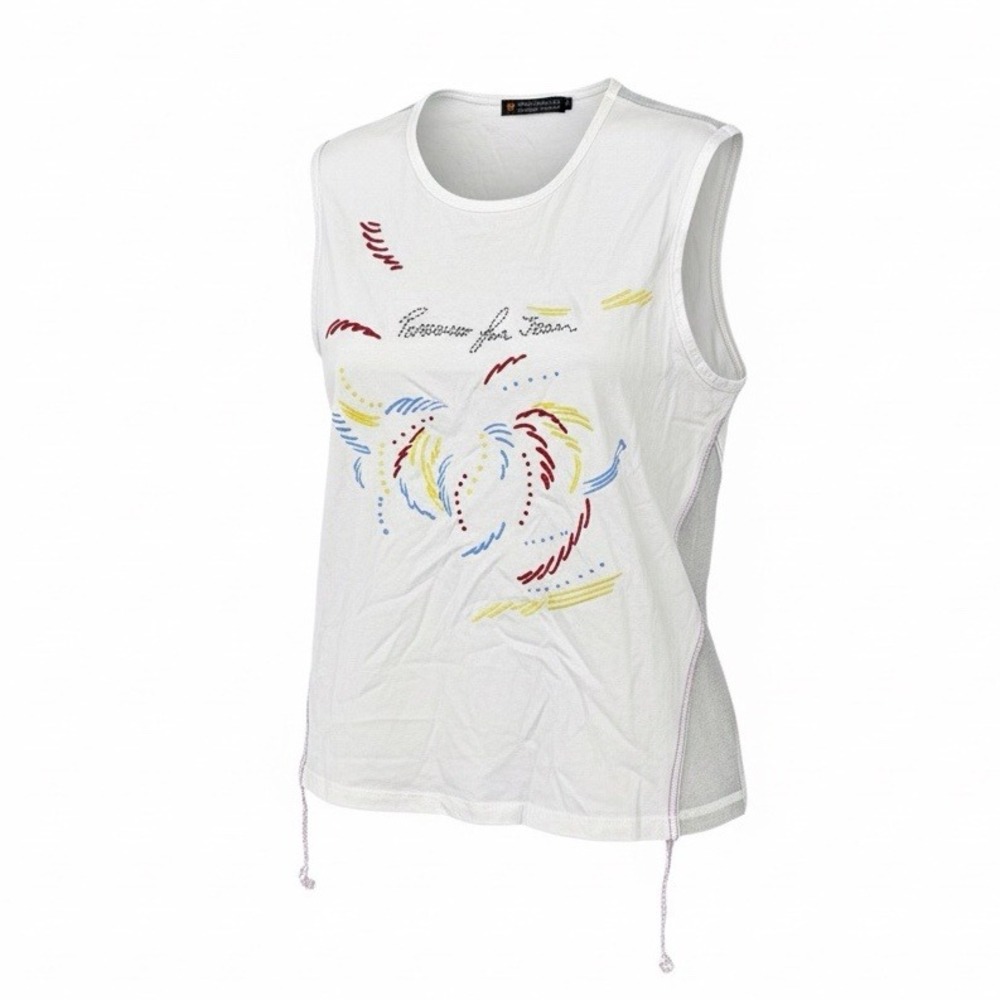 Vintage Parasuco White Sleeveless‎ Mesh Detail Graphic Tank Top Size L Y2K NWT